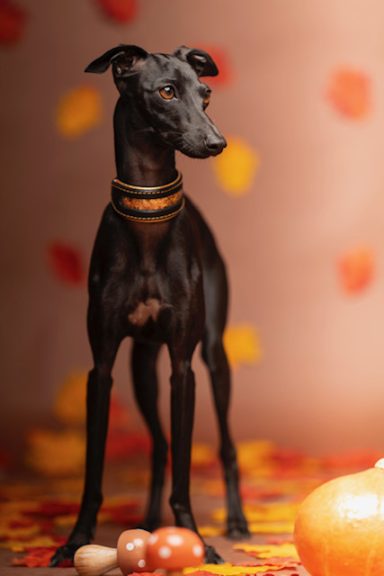 petit lévrier italien portant collier cuir noir avec paillettes dorées artisanal